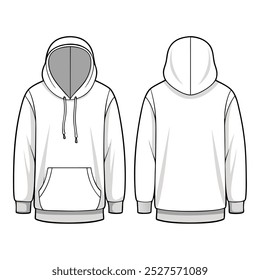 A vector mockup of a white hooded sweatshirt, showing both front and back views.