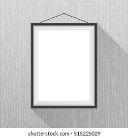 Vector mockup. White poster with black frame hanging on a gray wooden wall. Empty blank. Wood texture with vertical stripes, rustic panels. Hardwood background. Creative business interior template.
