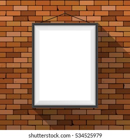 Vector mockup. White poster with black frame hanging on a dark red brick wall. Empty blank. Grunge brickwork background, textured rough surface. Creative business interior template.