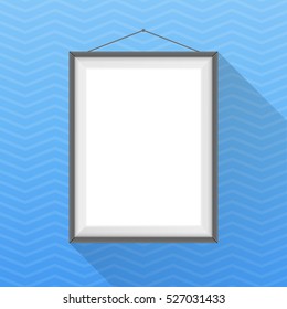 Vector mockup. White poster with gray frame hanging on a light blue wall. Empty blank with long shadow. Modern creative business interior template. Paper mock-up. Mockup poster illustration