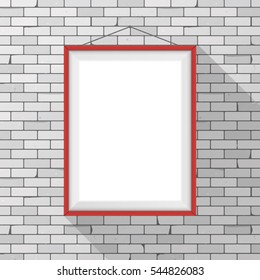 Vector mockup. White poster with red frame hanging on a gray brick wall. Empty blank. Grunge brickwork background, textured rough surface. Creative business interior template.