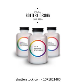 Vector Mockup of White Realistic Plastic Bottles with Vitamins. Product Packaging Design. Plastic Container Mock Up