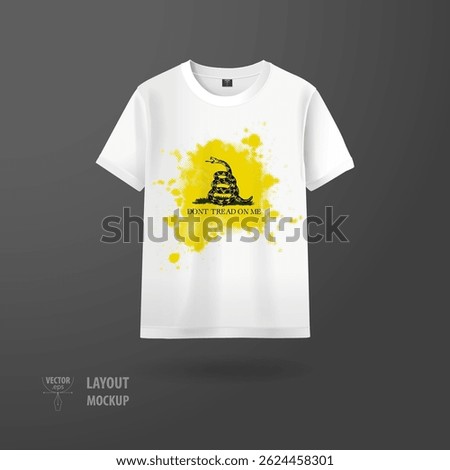 Vector mockup of a white t-shirt with a coiled snake, altered "Don't Tread on Me" slogan, and yellow halftone graphics on a dark background. Inspired by the Gadsden flag.