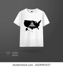 Montagem vetorial de uma camiseta branca com uma cobra enrolada, texto "Don't Trade on Me" e um contorno preto do mapa dos Estados Unidos sobre um fundo escuro. Ideal para projetos patrióticos.