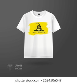 Montagem vetorial de uma camiseta branca com uma cobra enrolada, texto "Don't Trade on Me" e um fundo grunge amarelo. Ideal para conceitos de design ousados, patrióticos ou rebeldes.