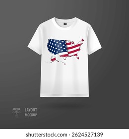 Vector mockup of a white t-shirt featuring the outline of the United States filled with the colors of the American flag on a dark background. Ideal for patriotic-themed apparel.