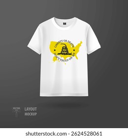 Vector mockup of a white t-shirt featuring a coiled snake, "dont trade on me" and "Liberty or dead" slogans over a yellow outline of the USA map, on a dark background.