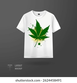 Maqueta de Vector de una camiseta blanca con una hoja de marihuana y gráficos abstractos de semitono sobre un fondo oscuro. Perfecto para conceptos de diseño moderno o alternativo.