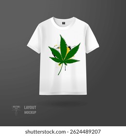 Vector mockup of a white t-shirt with a marijuana leaf design, abstract halftone dots, and grunge textures on a dark background. Ideal for bold, modern apparel concepts.