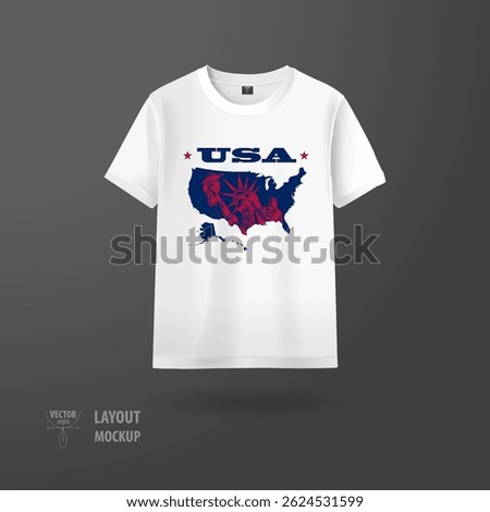 Vector mockup of a white t-shirt with a USA map outline featuring the Statue of Liberty in the center, 
