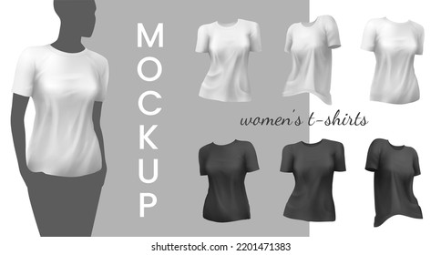 Vector mockup of women s t-shirt. Realistic blank modern female clothing collection. Vector illustration