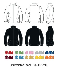 Vector mockup of women's zip-up fleece jacket. Front, rear and side views. Easy color change.