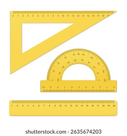 Vector mockup yellow ruler set. Plastic protractor,  triangle and straight ruler scale. School measuring equipment tool