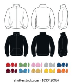 Vector mockup of zip-up fleece jacket. Front, rear and side views. Easy color change. svg