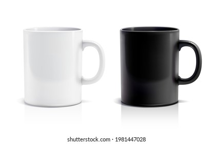 Vector mockups of black and white coffee mugs.