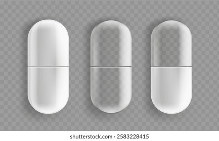 Vector mockups of medicinal pill capsules. Template isolated on a transparent background.