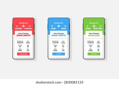 Vector mockups of three smartphone screens with airline tickets in red, blue, and green. Boarding passes for flights Madrid-London, Paris-Rome, and Rome-New York. Online booking. Realistic. Icon.