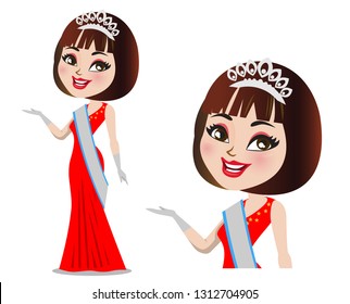 A vector of a model from a beauty pageant. The winning model is wearing a gown and also the winning crown