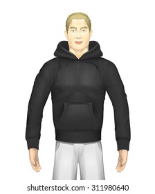 Vector model in black hoodie, blond caucasian