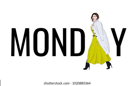 Vector model monday outfit. Fashion illustration girl in contrast maxi dress and coat, beautiful sketch. Casual awesome look. Glamour woman magazine poster