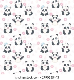 Vector model: seamless Panda bear pattern on white background, Panda with different gestures
