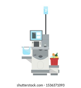 Vector model of Self Checkout Shop Cashier with а full shopping cart. Self service cash device in flat design with cash machine, monitor and scanner.Point with self-service checkout in the supermarket