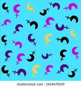 Vector model of symbols in the Black moon. Colorful Lilies on a turquoise background. Symbols of planets and signs in astrology. Isolated on a white background. Doodle style. For horoscopes 