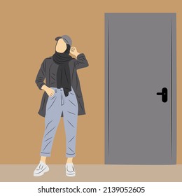vector model of trendy hijab fashion with door background