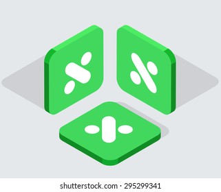 Vector modern 3 isometric  app icons with shadows on gray background