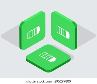 Vector modern 3 isometric battery app icons with shadows on gray background