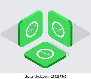 Vector modern 3 isometric clock app icons with shadows on gray background