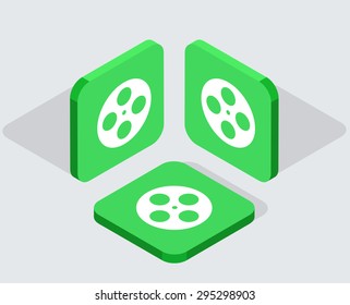 Vector modern 3 isometric film app icons with shadows on gray background