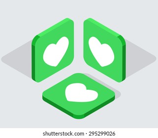 Vector modern 3 isometric heart app icons with shadows on gray background