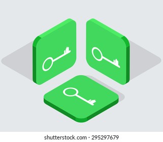 Vector modern 3 isometric key app icons with shadows on gray background