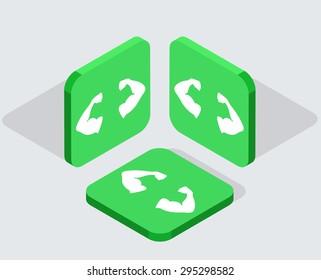Vector modern 3 isometric muscle app icons with shadows on gray background