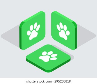 Vector modern 3 isometric paw app icons with shadows on gray background