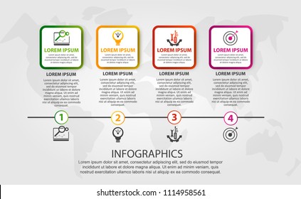 Vector modern 3D illustration. An infographic template with 4 steps and an image of four squares. Use for business presentations, education, web design. Place for text and icons.
