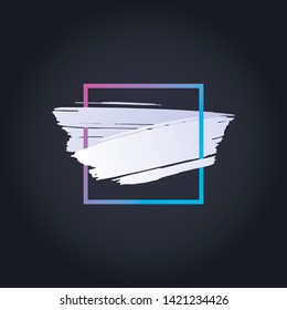 Vector modern abstract brush banner. White stroke shape with gradient pink to blue square frame isolated on black background. Design element for trendy style presentation, web, banner, poster, logo.