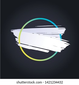 Vector modern abstract brush banner. White stroke shape with gradient yellow to blue circle frame isolated on black background. Design element for trendy style presentation, web, banner, poster, logo.