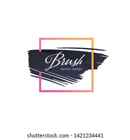 Vector modern abstract brush banner. Black stroke shape with gradient pink to orange square frame isolated on white background. Design element for trendy style presentation, web, banner, poster, logo.