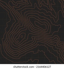 Vector Modern Abstract Cartography Art Dark Grey Orange Topography Contour Map With Relief Elevation. Geographic Terrain Area Satellite View Digital Cartographic UI Contemporary Illustration