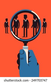 Vector modern abstract concept design on staff recruitment, talent and human resources search in business and industry with male hand studying human silhouettes with magnifying glass