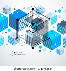 Vector of modern abstract cubic lattice lines blue background. Layout of cubes, hexagons, squares, rectangles and different abstract elements. Abstract technical 3D background.