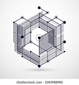 Vector of modern abstract cubic lattice lines black and white background. Layout of cubes, hexagons, squares, rectangles and different abstract elements. Abstract technical 3D background.