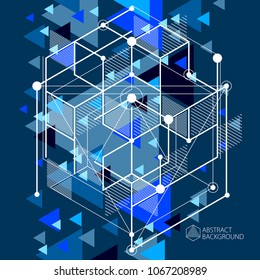 Vektorgrafik von modernen abstrakten kubischen Gitterlinien blauer schwarzer Hintergrund. Layout von Würfeln, Hexagons, Quadraten, Rechtecken und verschiedenen abstrakten Elementen. Abstrakter technischer 3D-Hintergrund.