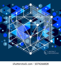 Vector of modern abstract cubic lattice lines blue black background. Layout of cubes, hexagons, squares, rectangles and different abstract elements. Abstract technical 3D background.