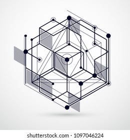 Vector of modern abstract cubic lattice lines black and white background. Layout of cubes, hexagons, squares, rectangles and different abstract elements. Abstract technical 3D background.