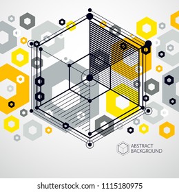 Vector of modern abstract cubic lattice lines yellow background. Layout of cubes, hexagons, squares, rectangles and different abstract elements. Abstract technical 3D background.