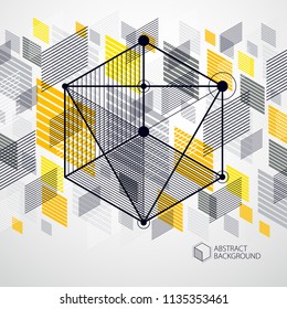 Vector of modern abstract cubic lattice lines yellow background. Layout of cubes, hexagons, squares, rectangles and different abstract elements. Abstract technical 3D background.