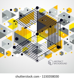 Vector of modern abstract cubic lattice lines yellow background. Layout of cubes, hexagons, squares, rectangles and different abstract elements. Abstract technical 3D background.